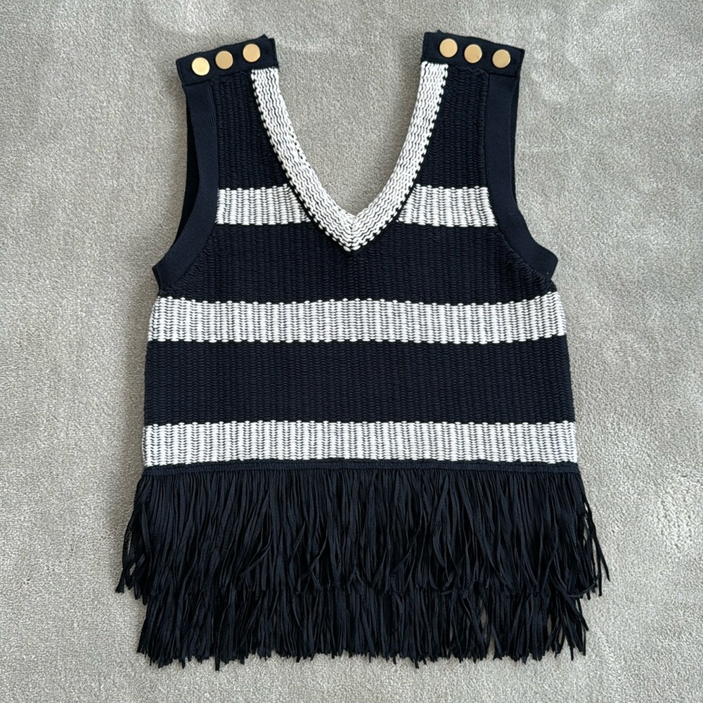 Club Monaco navy blue and white striped crop top with gold buttons, size XS